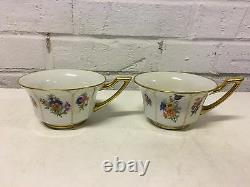 Antique Jean Pouyat Limoges France Porcelain Pair Cups & Saucers Floral Gold Dec