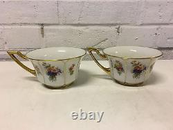 Antique Jean Pouyat Limoges France Porcelain Pair Cups & Saucers Floral Gold Dec