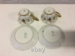 Antique Jean Pouyat Limoges France Porcelain Pair Cups & Saucers Floral Gold Dec