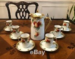 Antique LIMOGES CORONET 13 Pc Chocolate Set Cups Saucers Pot Signed BARIN FRANCE