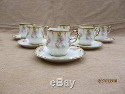 Antique Limoges Art Nouveau Porcelain 6 Coffee Cup & Saucer Wistaria Gold Rim(a)