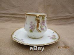 Antique Limoges Art Nouveau Porcelain 6 Coffee Cup & Saucer Wistaria Gold Rim(a)