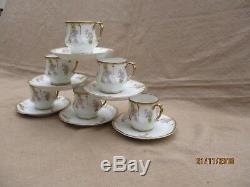 Antique Limoges Art Nouveau Porcelain 6 Coffee Cup & Saucer Wistaria Gold Rim(a)