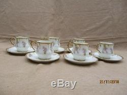 Antique Limoges Art Nouveau Porcelain 6 Coffee Cup & Saucer Wistaria Gold Rim(a)