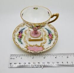 Antique Limoges France Sevres Hand Painted Footed Cabinet Cup & Saucer Pink Rose