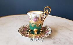 Antique Limoges Porcelain Fragonard Cup and Saucer Rare Green 24k Gold Mint