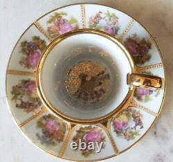 Antique Limoges Porcelain Fragonard Cup and Saucer Rare Green 24k Gold Mint
