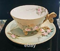 Antique Limoges Roses Dragonfly Figural Handle Cup & Saucer Footed Gold