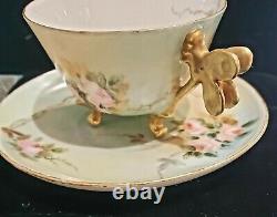 Antique Limoges Roses Dragonfly Figural Handle Cup & Saucer Footed Gold