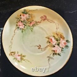 Antique Limoges Roses Dragonfly Figural Handle Cup & Saucer Footed Gold