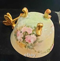 Antique Limoges Roses Dragonfly Figural Handle Cup & Saucer Footed Gold