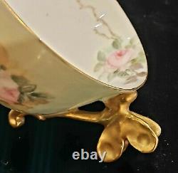 Antique Limoges Roses Dragonfly Figural Handle Cup & Saucer Footed Gold