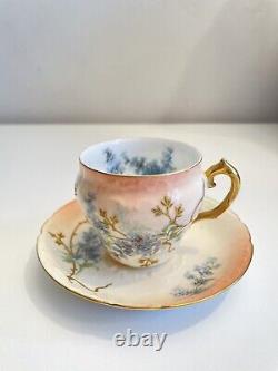 Antique Limoges Tea Cup & Saucer Peach Gold Gilt Floral Hand Painted Teacup