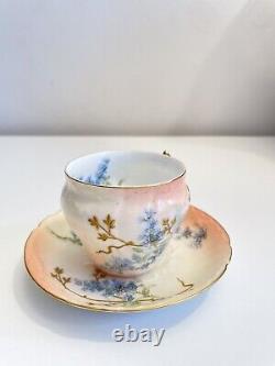Antique Limoges Tea Cup & Saucer Peach Gold Gilt Floral Hand Painted Teacup