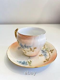 Antique Limoges Tea Cup & Saucer Peach Gold Gilt Floral Hand Painted Teacup