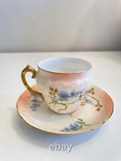 Antique Limoges Tea Cup & Saucer Peach Gold Gilt Floral Hand Painted Teacup