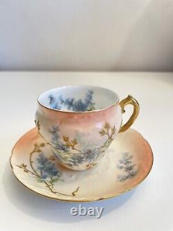 Antique Limoges Tea Cup & Saucer Peach Gold Gilt Floral Hand Painted Teacup