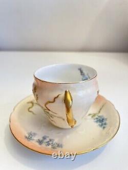 Antique Limoges Tea Cup & Saucer Peach Gold Gilt Floral Hand Painted Teacup