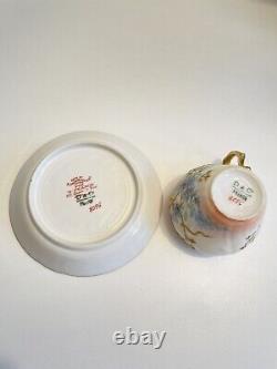 Antique Limoges Tea Cup & Saucer Peach Gold Gilt Floral Hand Painted Teacup