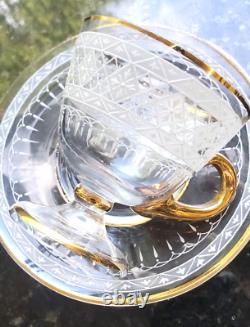 Antique Lobmeyr Neffe White Lace Enameled Cup Saucer w Gilt Gold Rim