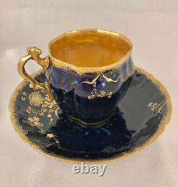 Antique M. Redon Limoges Cup & Saucer, Cobalt Blue, Raised Gold