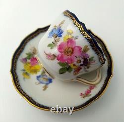 Antique Meissen Demitasse Cup & Saucer set Flower Bouquet Cobalt Gold 19th c