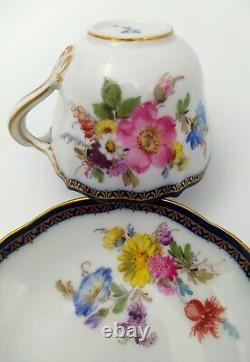 Antique Meissen Demitasse Cup & Saucer set Flower Bouquet Cobalt Gold 19th c