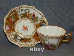 Antique Meissen Dresden Watteau Scenes Gold Cup & Saucer Augustus Rex Mark