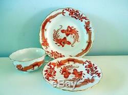 Antique Meissen Red Ming Dragon Cup Saucer Plate Trio Scalloped Gilded 320510