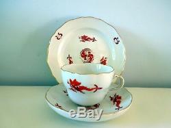 Antique Meissen Red Ming Dragon Flat Cup Saucer Plate Scalloped Gilded Rims