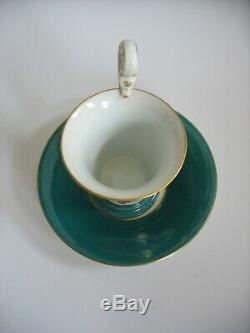 Antique Meissen Turquoise Green w Gold Tea Cup Saucer Swan Handle Hdptd floral