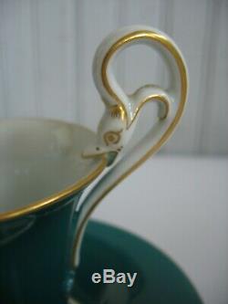 Antique Meissen Turquoise Green w Gold Tea Cup Saucer Swan Handle Hdptd floral