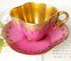 Antique Miniature Coalport Pink Tea Cup & Saucer Set. Gold Jewel, Quatrefoil Duo
