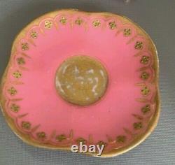 Antique Miniature Coalport Pink Tea Cup & Saucer Set. Gold Jewel, quatrefoil duo