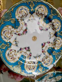 Antique Minton Celeste Blue Tea Cup Saucers Display Plate Roses Gold Set READ