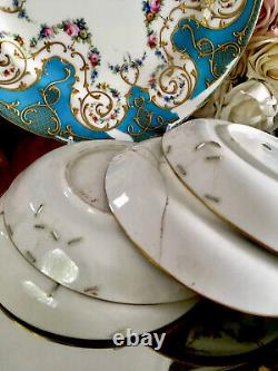 Antique Minton Celeste Blue Tea Cup Saucers Display Plate Roses Gold Set READ