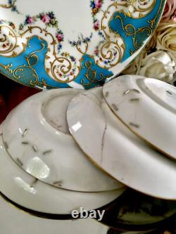 Antique Minton Celeste Blue Tea Cup Saucers Display Plate Roses Gold Set READ