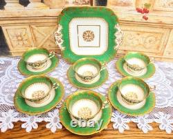 Antique Minton Tea Cup Set Green & Gold Medallion, c1820