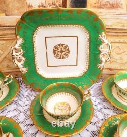 Antique Minton Tea Cup Set Green & Gold Medallion, c1820