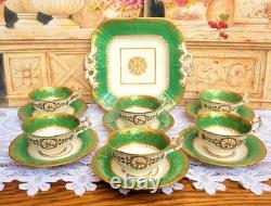 Antique Minton Tea Cup Set Green & Gold Medallion, c1820