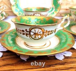 Antique Minton Tea Cup Set Green & Gold Medallion, c1820