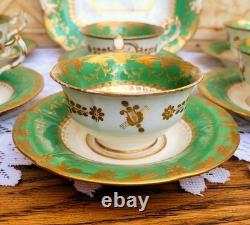 Antique Minton Tea Cup Set Green & Gold Medallion, c1820