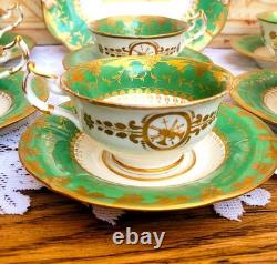 Antique Minton Tea Cup Set Green & Gold Medallion, c1820