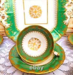 Antique Minton Tea Cup Set Green & Gold Medallion, c1820