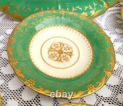 Antique Minton Tea Cup Set Green & Gold Medallion, c1820