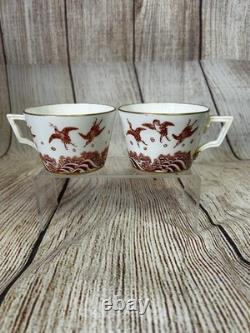 Antique Minton Teacup Saucer Japanese Crane Red Gold Christopher Dresser #1865