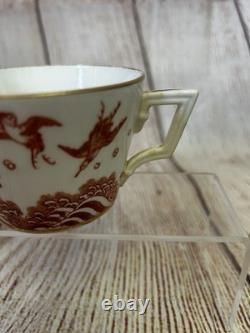 Antique Minton Teacup Saucer Japanese Crane Red Gold Christopher Dresser #1865