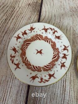 Antique Minton Teacup Saucer Japanese Crane Red Gold Christopher Dresser #1865