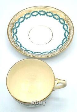 Antique Minton split handle cup and saucer with turquoise and gold bands c1850