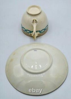Antique Minton split handle cup and saucer with turquoise and gold bands c1850